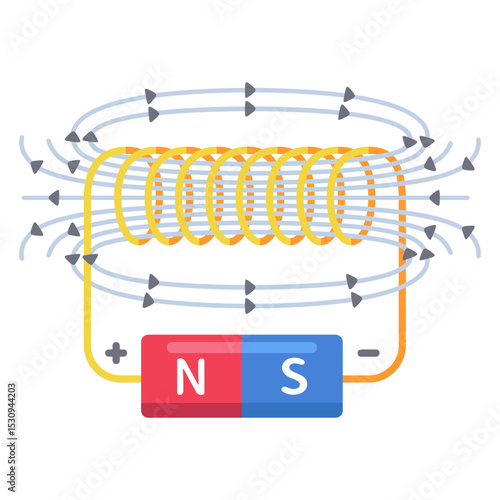 Vibrant vector illustration depicting electromagnetic induction with a coil and magnet, ideal for educational and scientific purposes.