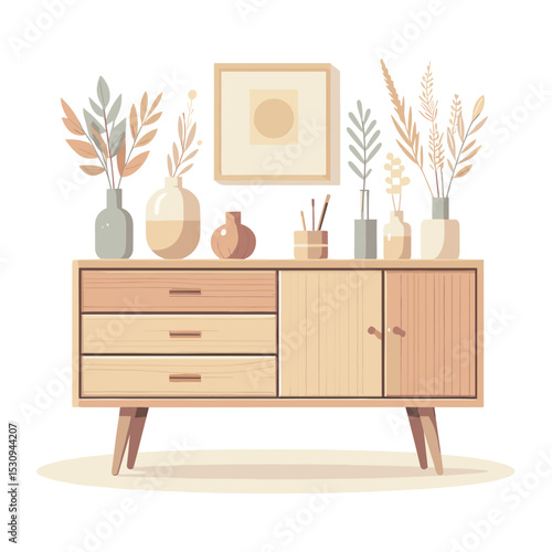 Modern wooden sideboard with decorative vases and plants  