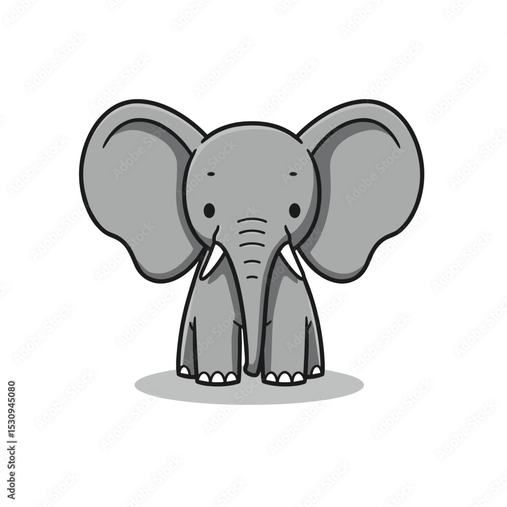 Naklejka premium Cute, gray cartoon elephant with big ears, black outline, trunk and small eyes on a white background