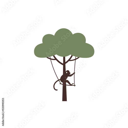 Stylized monkey silhouette hangs from rope swing on a tree, with olive-green foliage