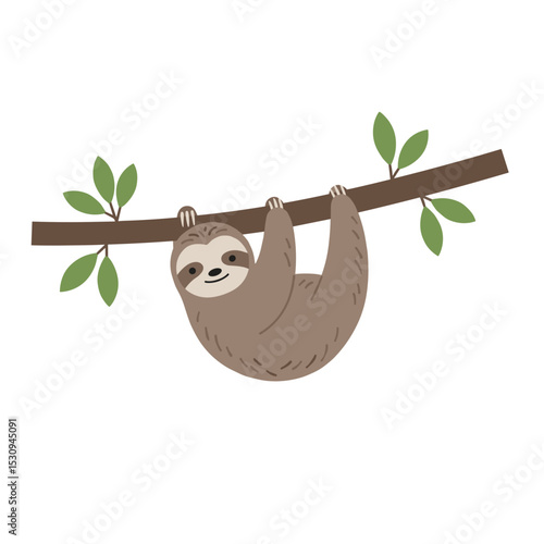 Cartoon sloth hanging lazily from a tree branch with green leaves against a white background