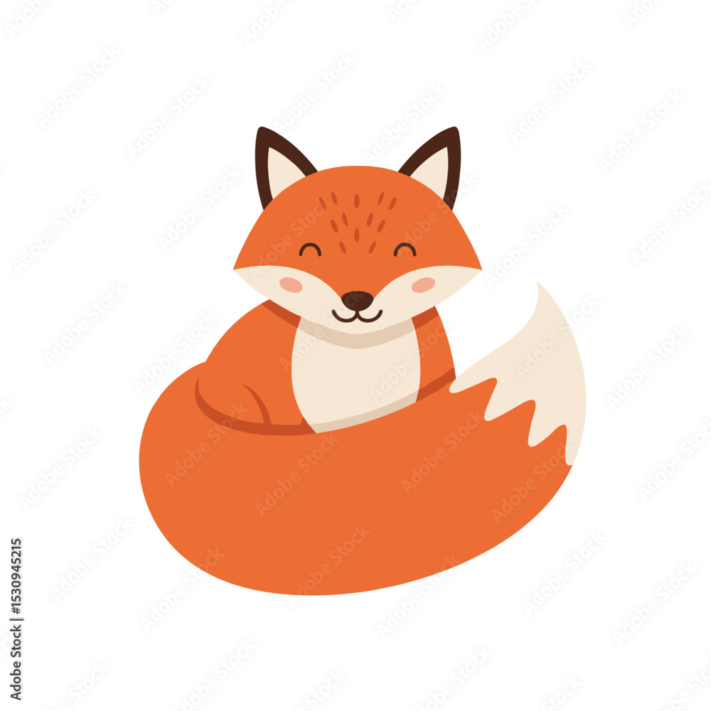 Obraz premium Illustration of a charming, stylized orange fox with a bushy tail on a white background