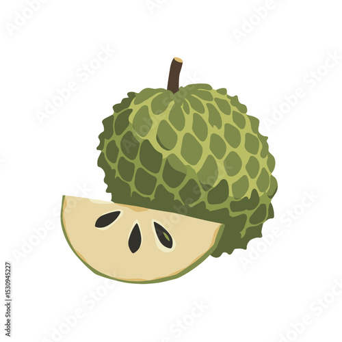 Green, spiky, lumpy custard apple fruit with a segment cut open, revealing black seeds