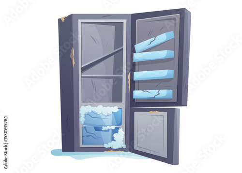 Cartoon Vector of Old Refrigerator with Rust Stains, Broken Shelves, Ice Buildup and Scratches. Damaged Kitchen Appliance isolated Illustration