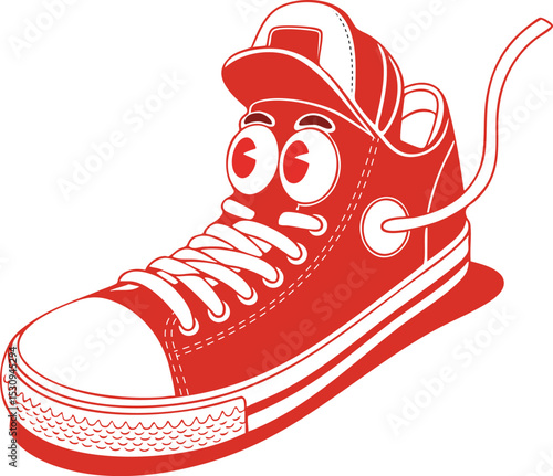 Cartoon Sneaker with Cute Eyes and a Hat. Red Colorful Footwear Illustration