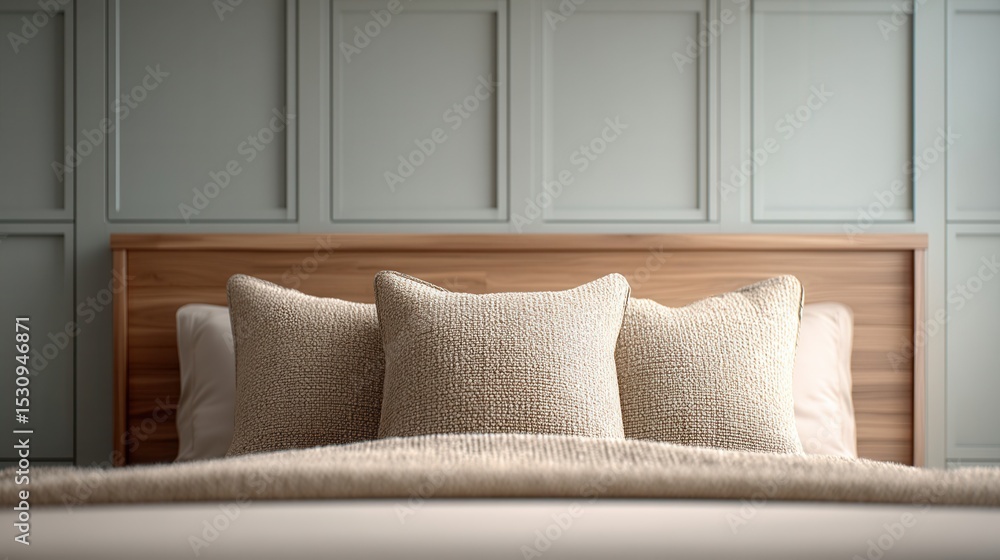 Fototapeta premium Cozy bed with three textured beige pillows against a wooden headboard and paneled wall in a modern, neutral-toned bedroom.