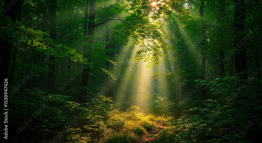 Fototapeta premium Sunlight streams through the dense canopy of a lush green forest, illuminating the forest floor.