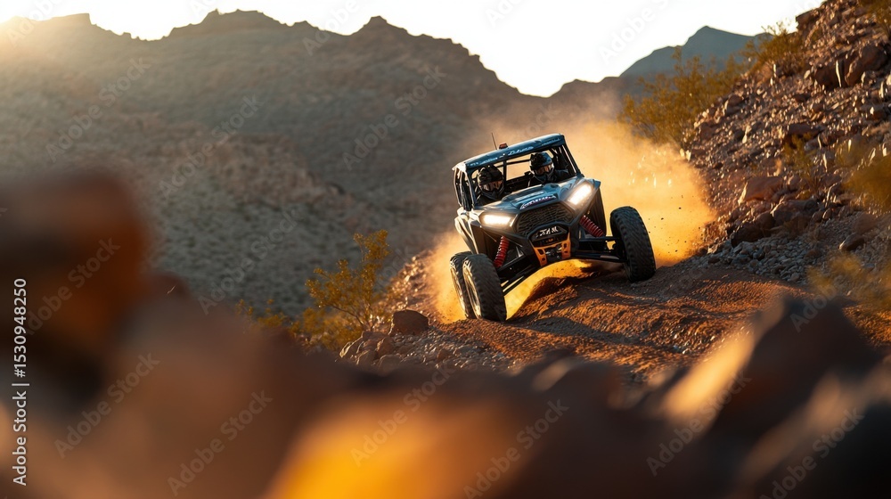 Blue UTV Ascending Steep Rocky Hill at Sunset in Desert Environment Blue UTV Ascending Steep Rocky Hill at Sunset in Desert Environment
