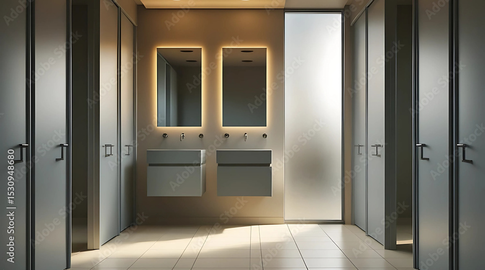 Modern public restroom interior design with sinks and mirrors Modern public restroom interior design with sinks and mirrors