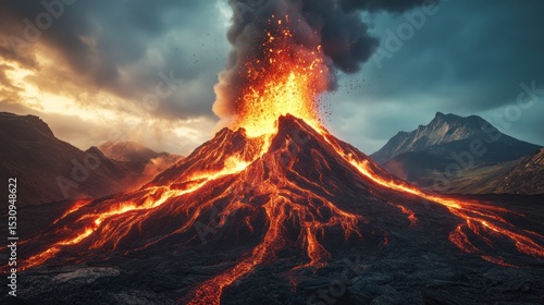 Erupting volcano in dramatic landscape
