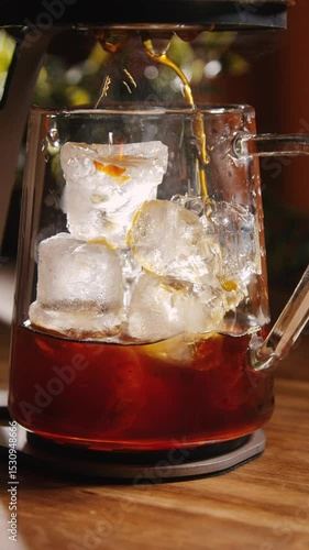 Drip coffee brewing on ice