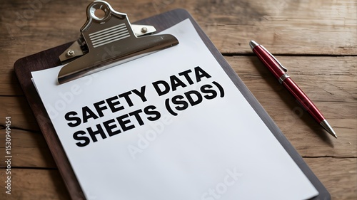 Safety Data Sheets (SDS) written on paperwork placed on a wooden table, symbolizing chemical safety and compliance

