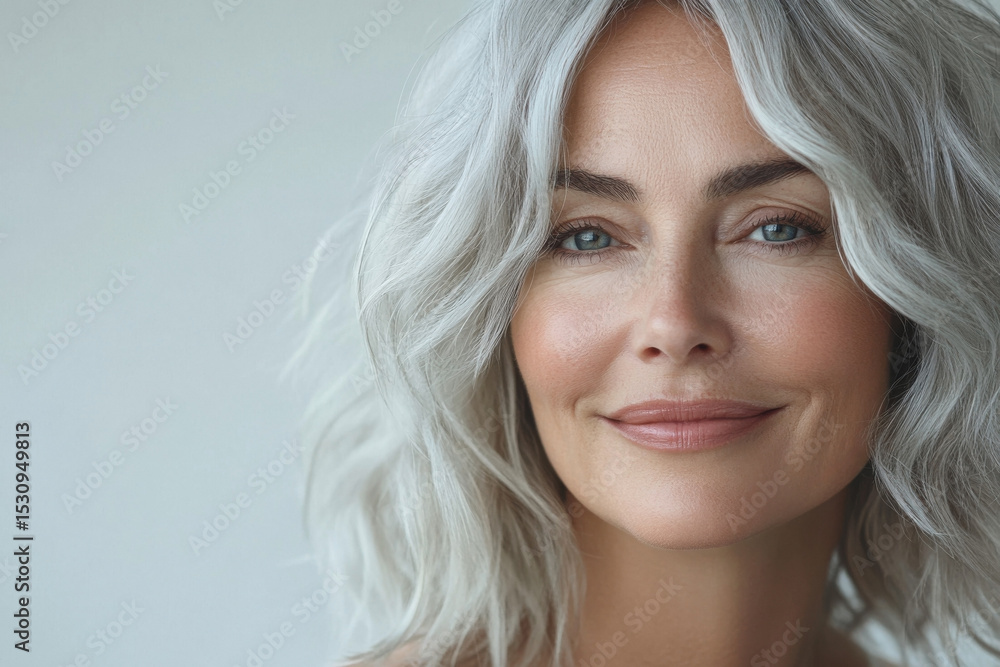 Naklejka premium Beautiful mature woman with silver hair smiling confidently outdoors among lush tropical foliage, radiant aging gracefully concept for natural beauty wellness empowerment advertising