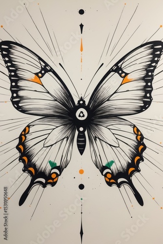 Detailed Black Ink Butterfly Tattoo Illustration With Geometric Accents