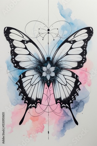 Detailed Black Ink Butterfly Tattoo Illustration with Watercolor Wash Background