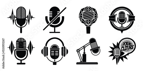 Black and white vector icon set of Audio Recording, Broadcast, Music, Voice Vector Set