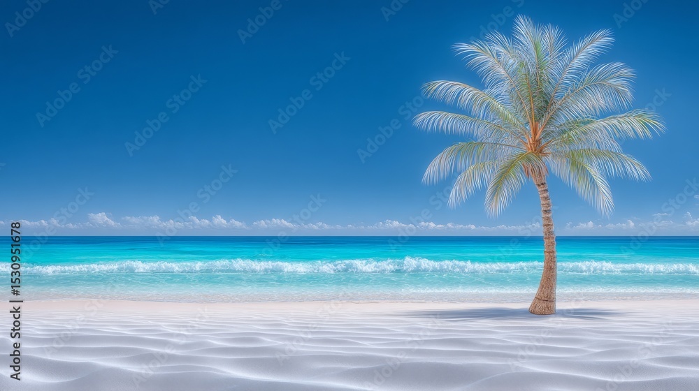 Obraz premium A breathtaking banner of a tropical beach with white sand and coconut palms, perfect for the travel and tourism industry, displaying a wide panoramic background of a stunning beach landscape
