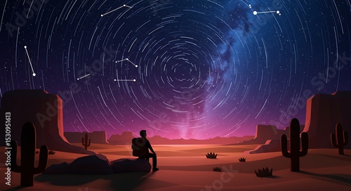 Starry Night Desert Low Poly Illustration of a Traveler Contemplating the Cosmos