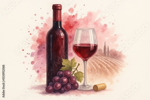 Bottle of red wine with glass and grapes in watercolor style. Rural vineyard landscape background. Winery or sommelier concept.