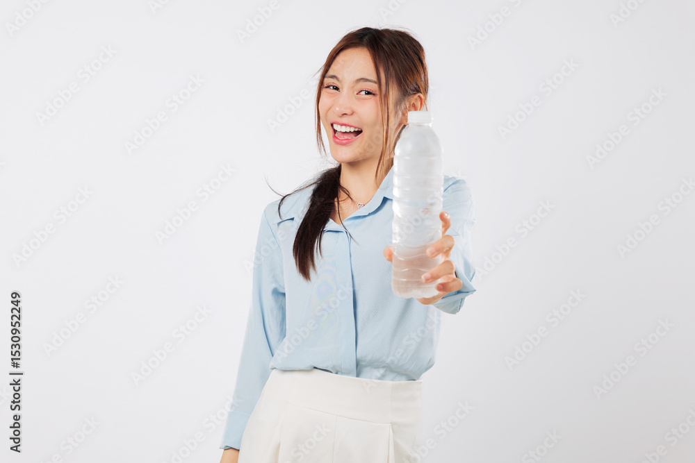 A young asian woman holds a plastic bottle with water, showing a smile as she prepares to drink the water in her hand for healthy hydration and refreshment, isolated studio white background A young asian woman holds a plastic bottle with water, showing a smile as she prepares to drink the water in her hand for healthy hydration and refreshment, isolated studio white background