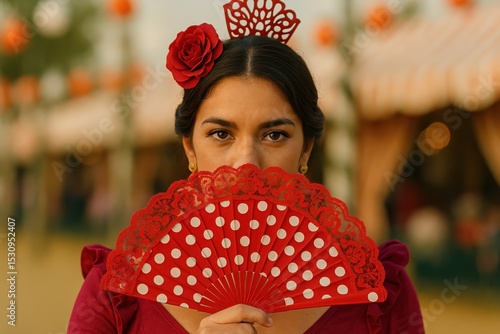 A woman in a traditional Spanish costume holding a red fan in front of her face, with only her eyes visible.