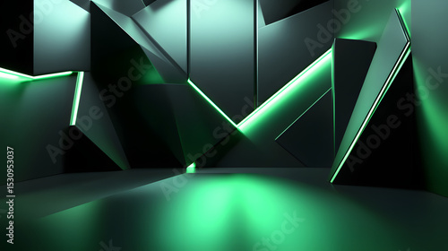 3d rendering of black and green abstract geometric background. Scene for advertising, technology, showcase, banner, game, sport, cosmetic, business, metaverse. Sci-Fi Illustration. Product display