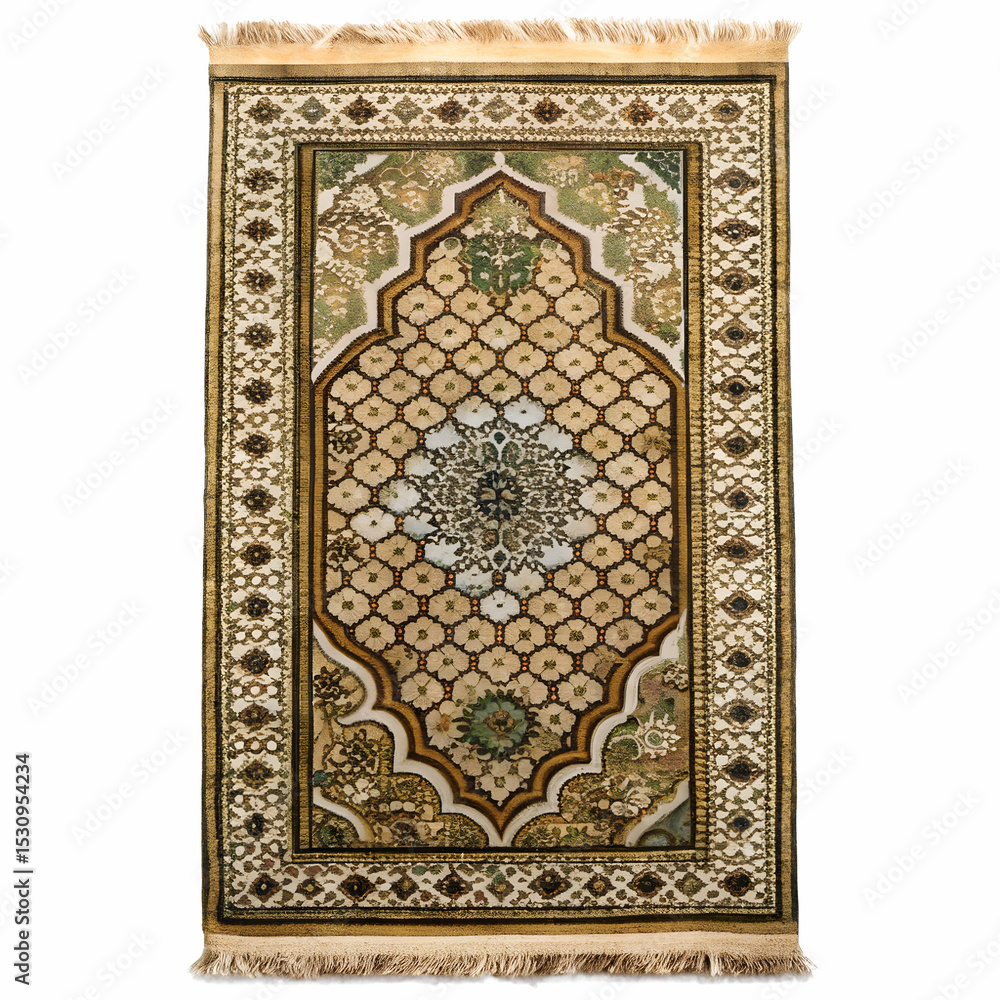 Rolled handwoven Islamic prayer mat with geometric floral motifs Rolled handwoven Islamic prayer mat with geometric floral motifs