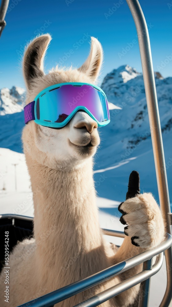 Fototapeta premium Llama wearing ski goggles gives a thumbs up on a ski lift with snowy mountains.