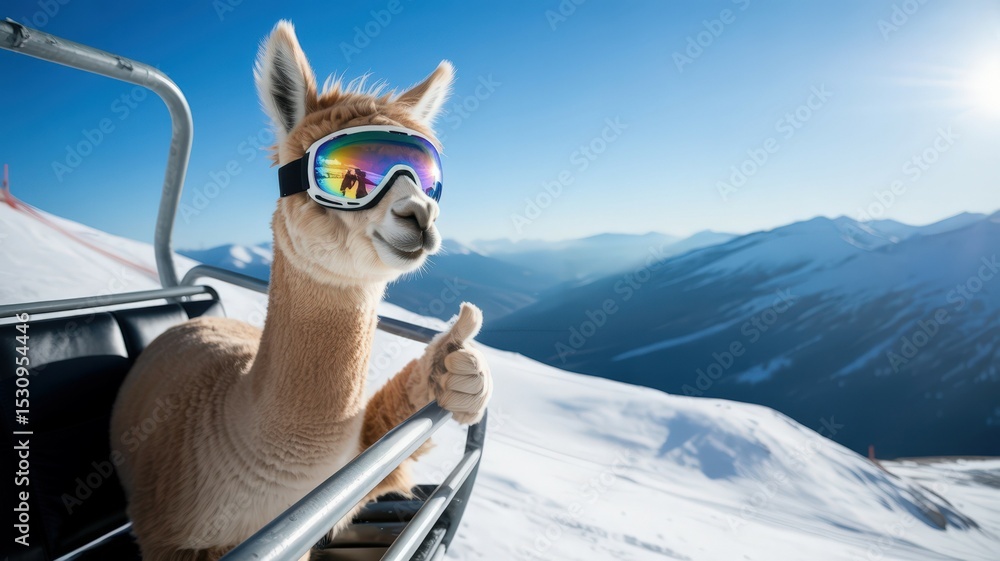 Fototapeta premium Alpaca on ski lift wearing goggles gives thumbs up with snowy mountain backdrop.