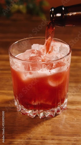 Pouring red tonic into glass with ice
