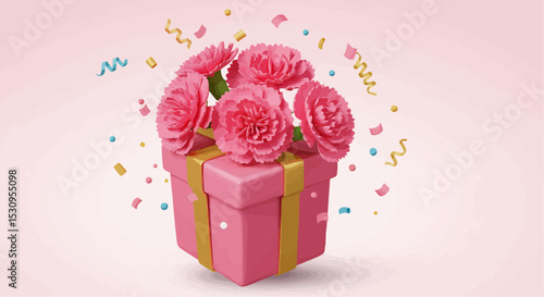 Pink gift box with carnation flowers and confetti.