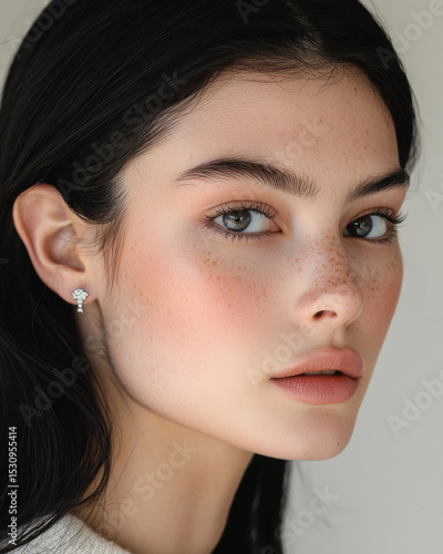Close-up of woman with dark hair wearing elegant diamond stud earring, smooth skin, minimalistic jewelry, modern fashion, soft natural light