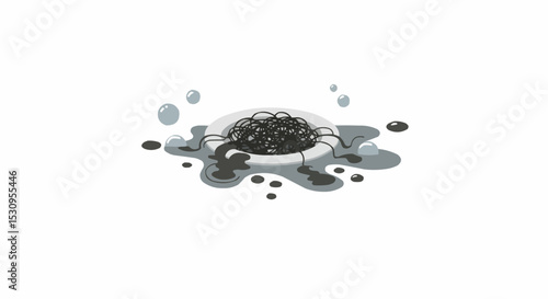 Black caviar beautifully arranged on a plate, with surrounding bubbles and spilled liquid.