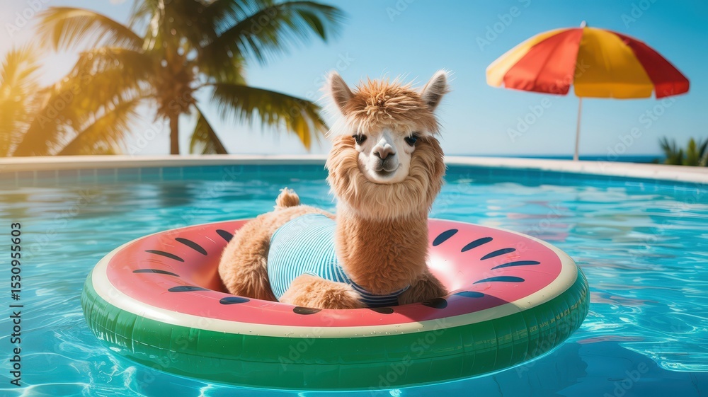 Fototapeta premium Alpaca wearing shirt floats on watermelon raft in pool under sun umbrella.