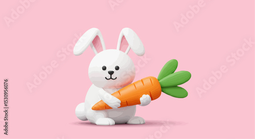 Cute white rabbit holding a big carrot.