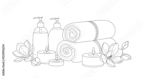 Spa Still Life Line Art - Vector Wellness & Aromatherapy Illustration