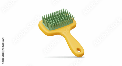 Yellow pet grooming brush with green bristles on white.