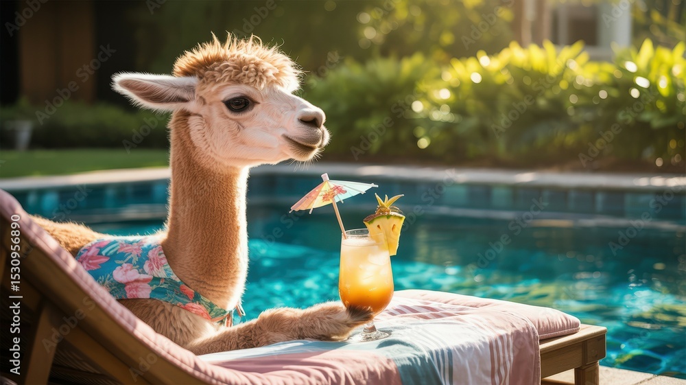 Fototapeta premium Alpaca in floral shirt relaxing on lounge chair by pool with tropical drink.