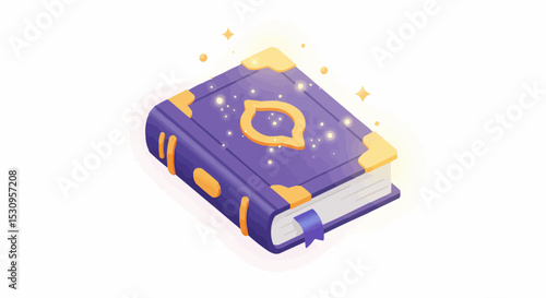 Magical purple book with golden details and sparkling effects.