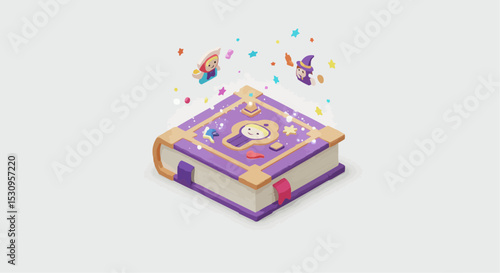 A charming illustration of a magic book with characters and stars. 