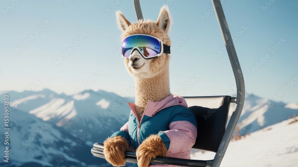 Fototapeta premium Llama wearing ski goggles and a winter jacket on a ski lift with snowy mountains.