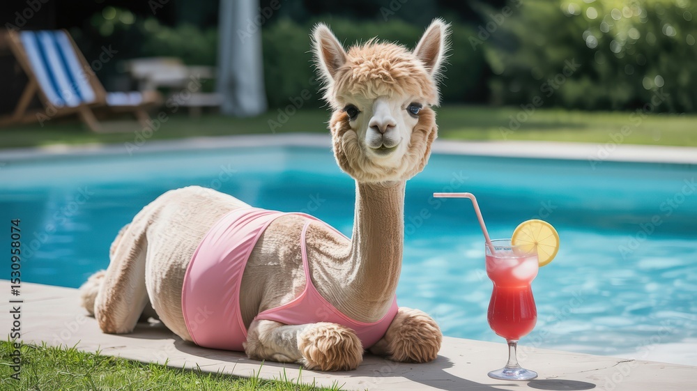 Fototapeta premium Alpaca in pink swimsuit relaxing by the pool with a cocktail in summer. Vacation concept.