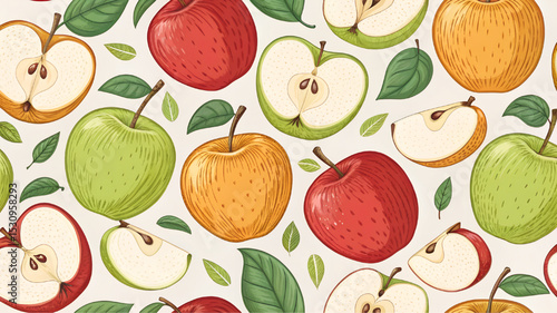 Seamless pattern with apples and leaves.