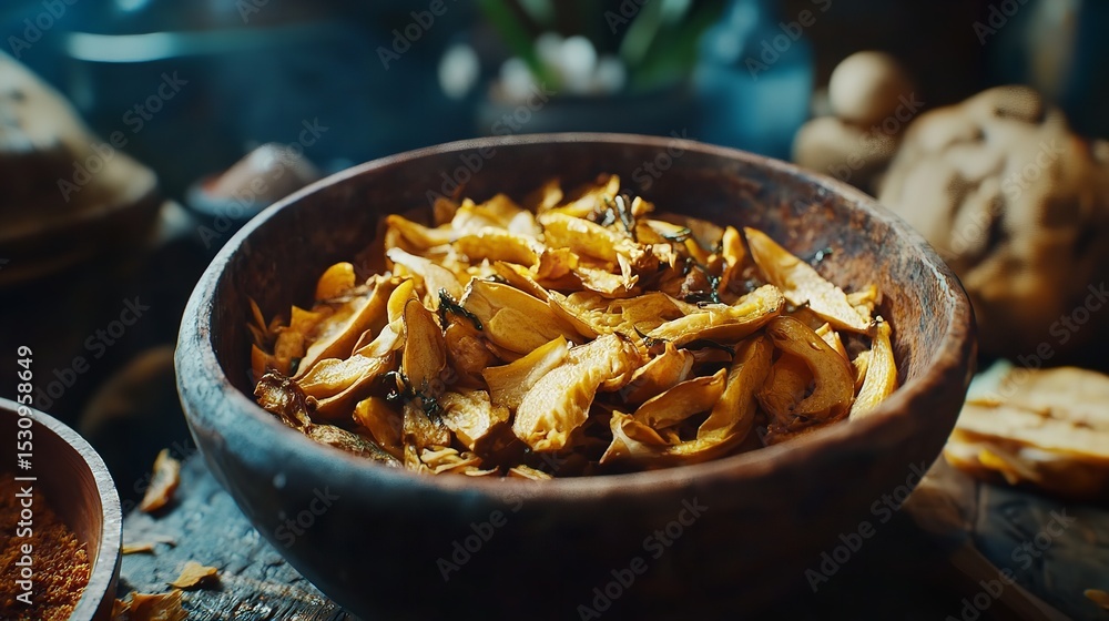 Fototapeta premium Delicious Sauteed Mushrooms: Rustic Bowl of Gourmet Fungi Recipe