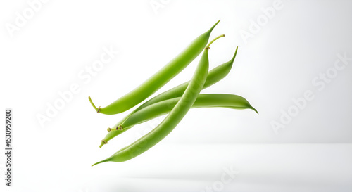 Green beans floating on white backdrop with soft studio lighting — clean health-focused style