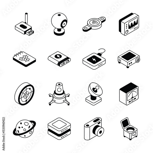 Get this Trendy collection of science and technology isometric icons