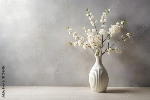 Minimalist interior featuring white flower pots with white flowers arranged neatly, modern and nice home