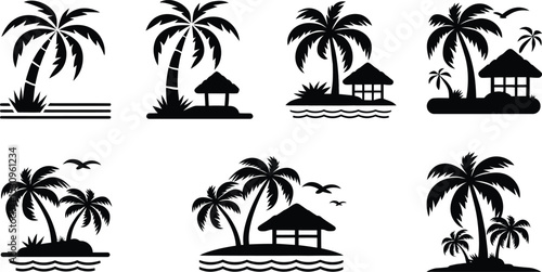 Palm Tree Vector Set, Tropical Island Silhouettes with Ocean , Birds, Beach Hut illustration