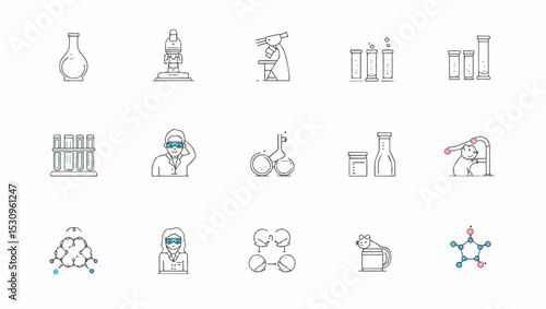 Minimalist line icon set in light grey depicting lab tools and science elements such as beakers, microscope, test tubes, lab mice, stomach, and molecule structures on a white background.