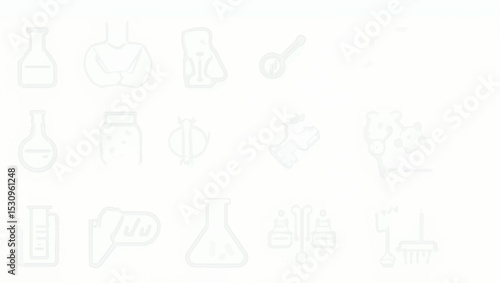 Minimalist line icon set in light grey depicting lab tools and science elements such as beakers, microscope, test tubes, lab mice, stomach, and molecule structures on a white background.